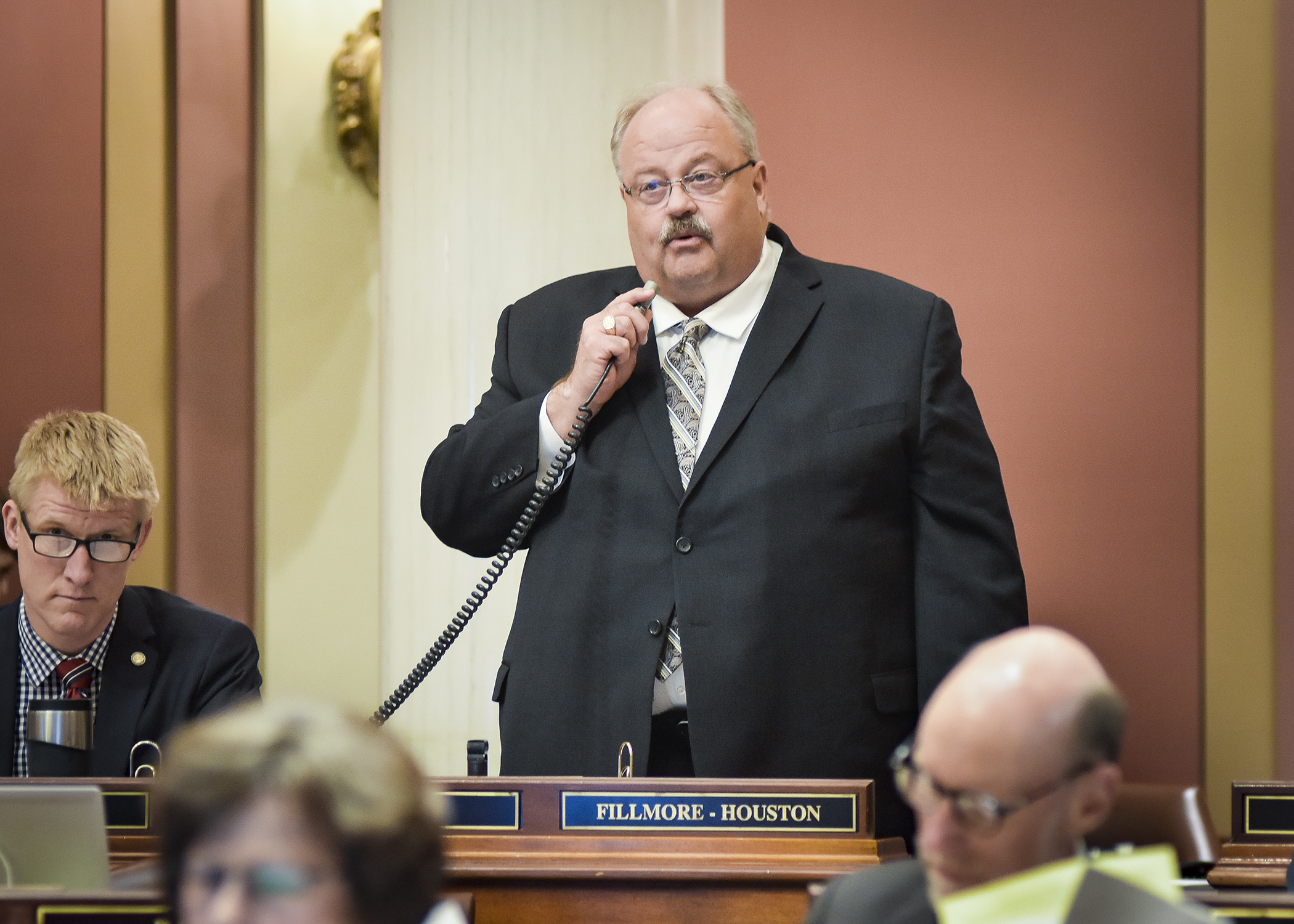 Rep. Greg Davids speaks in support of the conference committee report on HF4385, the tax conformity bill, on the House floor Tuesday. Photo by Andrew VonBank